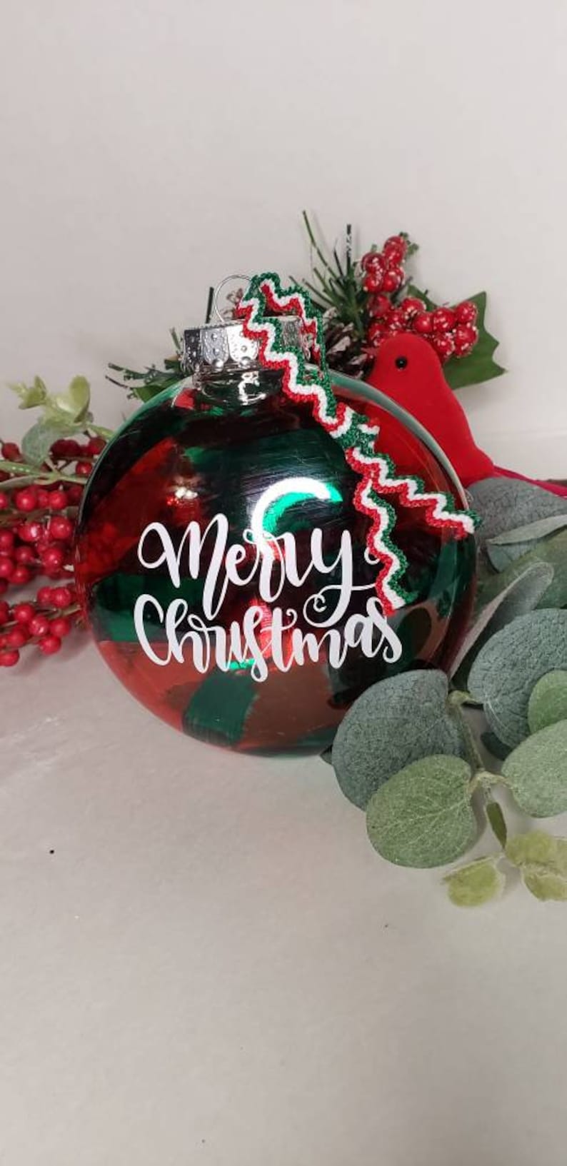 Merry Christmas 2020 red green handmade 4 ornament with ribbon