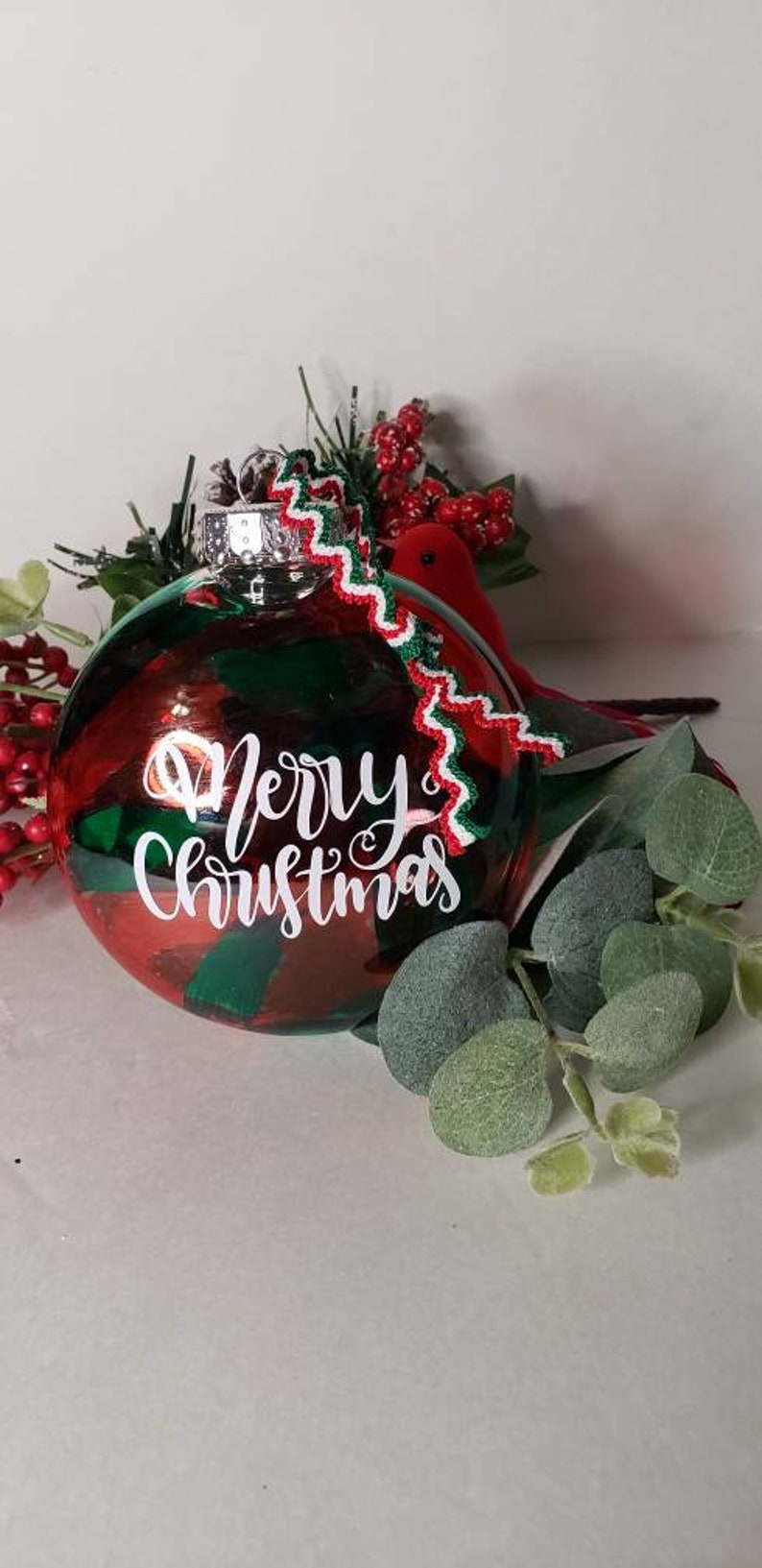 Merry Christmas 2020 red green handmade 4 ornament with ribbon