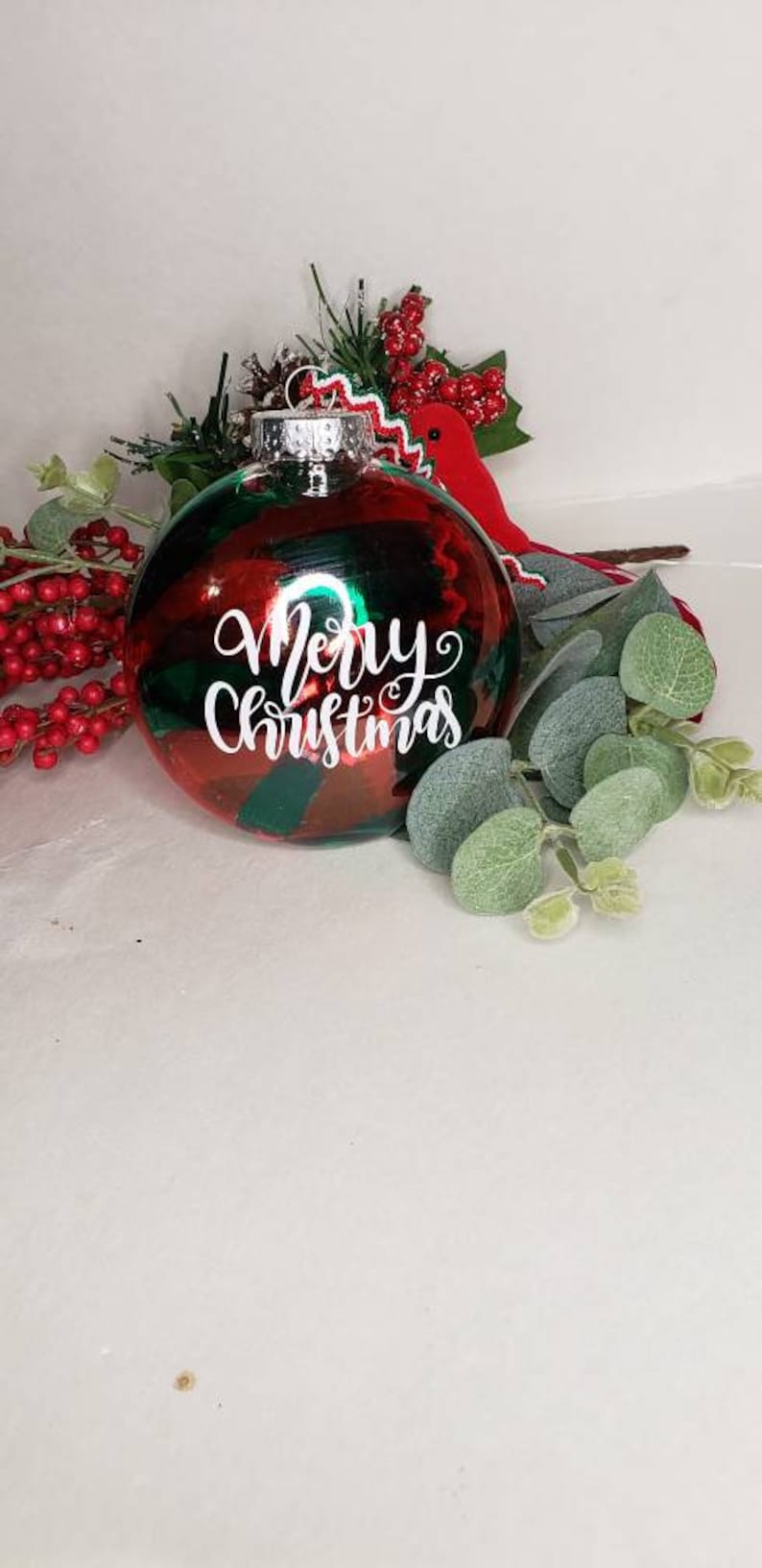 Merry Christmas 2020 red green handmade 4 ornament with ribbon