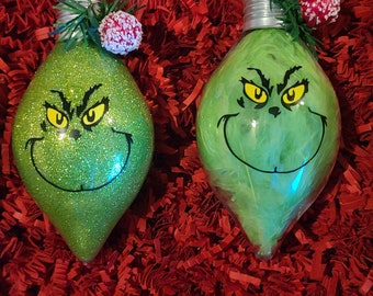 Grinch face ornaments green glitter feather. Set of 2. Christmas holiday gift decor. Shatterproof. Handmade