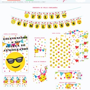 EN ESPAÑOL Kit de fiesta temática de Emoji, paquete imprimible de fiesta de Emoji, decoraciones de fiesta de Emoji, imprimibles de Emoji