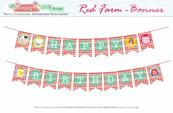 Red Farm Animal Party Banner Red Farm Animal Happy Birthday Etsy