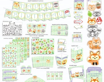 Woodland Party printable decor kit Fox Raccoon Forest Animals Birthday cupcake wrappers banner favors DIY Over 43 pages of fun designs