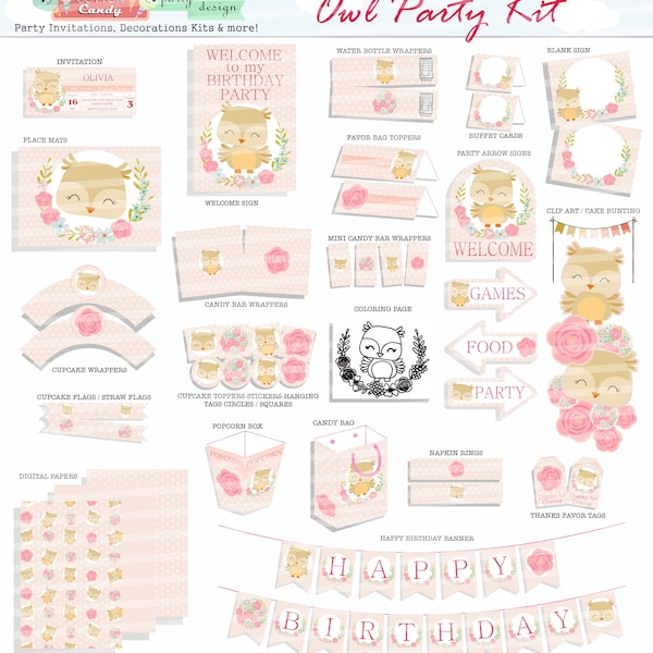 Owl Birthday Party Package Invitation Printable-Owl Party Kit-Editable Owl Birthday Invitation-Over 40 pages of fun designs
