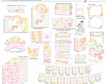 Rainbow Unicorn Birthday Party Kit-Rainbow Unicorn Package Imprimable-Editable Unicorn Birthday Invitation-Over 37 pages of fun designs