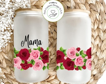 Custom Floral Glass Cup Rose Tumbler Floral Iced Coffee Cup Mother's Day Glass Tumbler Custom Glass Cup With Straw - Flower Cup With Lid