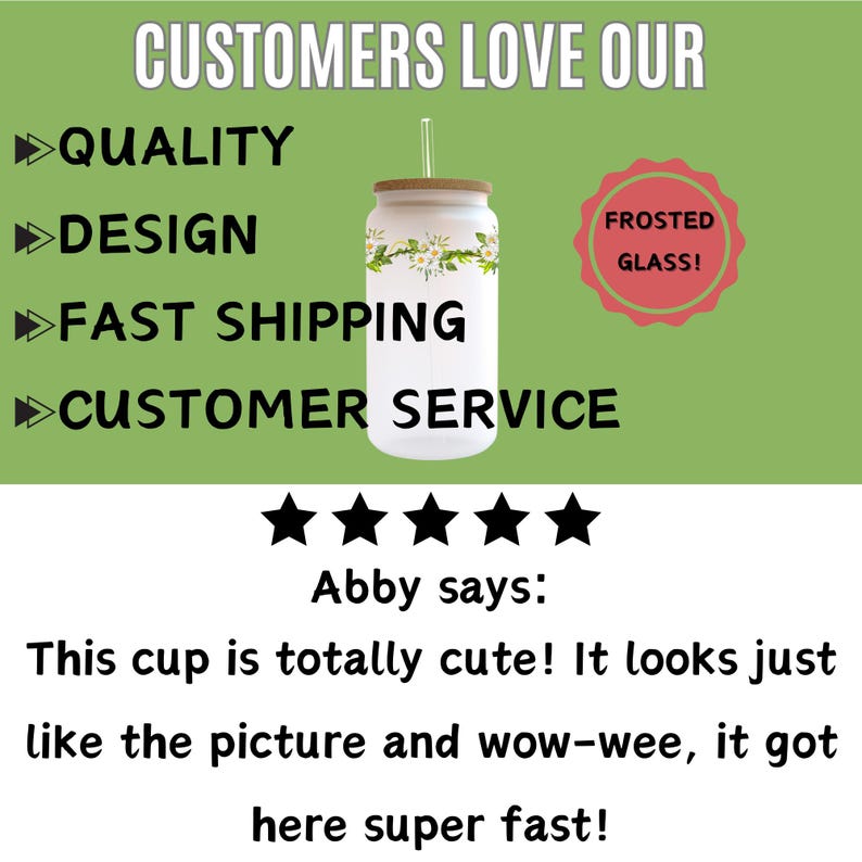 Pu&ograve; includere: Una recensione di un cliente per un bicchiere in vetro smerigliato con un design floreale. La recensione dice: "Questa tazza &egrave; totalmente carina! Sembra esattamente come nella foto e wow, &egrave; arrivata super veloce!"