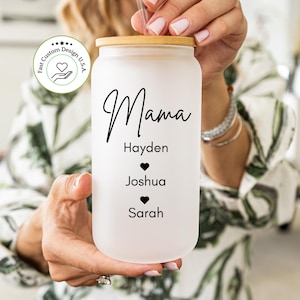 Custom Mama Glass Cup With Straw -Personalized Mom Iced Coffee Cup -Mother&#39;s Day Cup For Mom - Mama Glass Tumbler- Mom Minimalist With Names