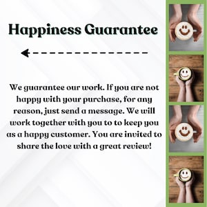 Pu&ograve; includere: Testo "Happiness Guarantee" con una freccia che punta a sinistra. Il testo &egrave; su uno sfondo bianco con un bordo verde. Quattro immagini di mani che tengono una tazza di caff&egrave; con un'emoticon sorridente disegnato nella schiuma si trovano sul lato destro dell'immagine.