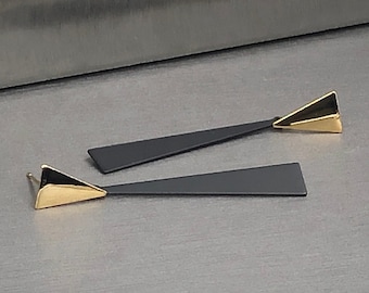 Stunning Double Triangle Earrings. Black Gold Triangle Earrings. Gold Black Drop Earrings. Geometric Statement Earrings