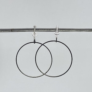 Slim Black Circle Earrings with Unique Silver Knot Hooks