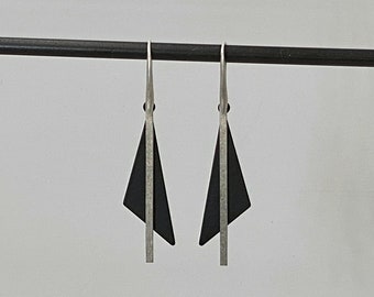 Black Triangle Earrings with Bars. Antique Silver Earrings. Geo Statement Earrings, Triangle Hoop Earrings. Unique Earrings