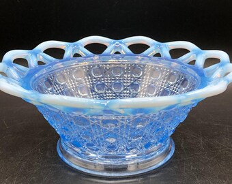 Vintage Imperial Glass Opalescent Blue Cane Bowl, Openwork Edge, 1940s