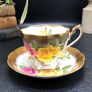 Vintage Queen Anne Tea Cup and Saucer: Fine Bone China, Roses, Gold Trim