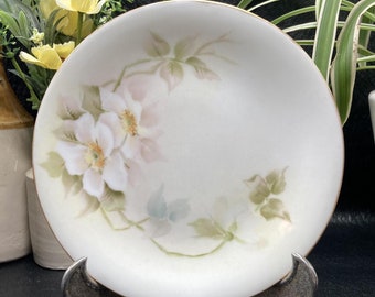 Vintage Limoges Porcelain Plate Hand Painted Tone on Tone White Roses,  early 1900's