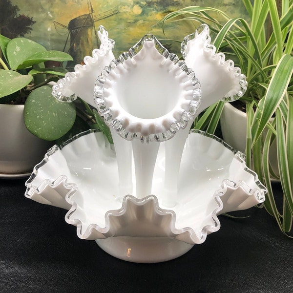 Vintage Fenton Large Silver Crested Milk Glass Three Horn Epergne, Vase and Bowl Set, c. 1930's