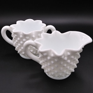 Vintage Fenton Glassware Hobnail, Milk Glass Zig Zag Cream and Sugar Set, c. 1950&#39;s
