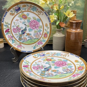 Hand Painted Nippon Porcelain Plates: Peacock Floral Design, Set of Six