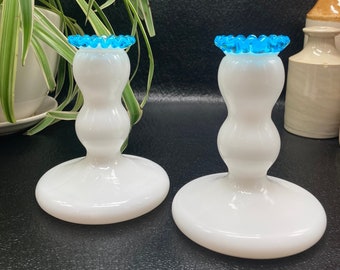 Vintage Fenton Milk Glass Candlestick Pair: Aqua Crested Ruffled Edge