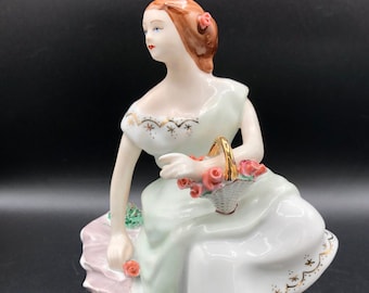 Vintage Porcelain Woman Figurine with Roses Basket: Mid Century Decor