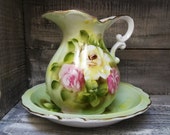 Norcrest, Green with Pink Roses Vintage Pitcher and Wash Basin Bowl, c. 1950 39 s
