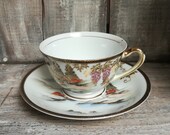 Kutani Japanese Hand Painted China, Mt. Fuji and Wisteria Patterned Tea Cup and Saucer Set, c. 1970 39 s