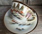 Kutani Japanese Hand Painted China, Mt. Fuji and Wisteria Patterned Tea Cup and Saucer Set, c. 1970 39 s