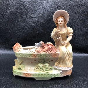 Vintage &quot;Paulux&quot; Occupied Japan, Bisque Planter Figurine of a Woman Sitting/Watering a Planter, c. 1940&#39;s - 1950&#39;s