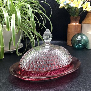 Ruby Red Iridescent Pressed Glass Butter Dish: Diamond Point Pattern, c. 1930s