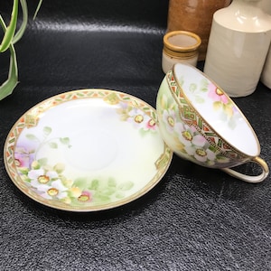 Hand Painted Nippon Teacup and Saucer: Eggshell Porcelain, Floral Design