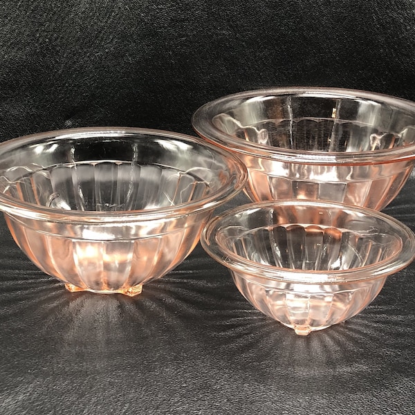 Set of Three Hazel Atlas Pink Depression Glass Mixing Bowls, Paneled Sides Footed Bottoms, c. 1930's