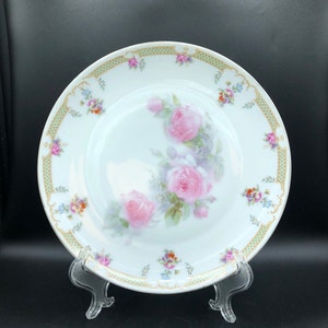 Vintage ZS & Co. Bavaria Cabinet Plate: Pink Roses, Lattice Edge