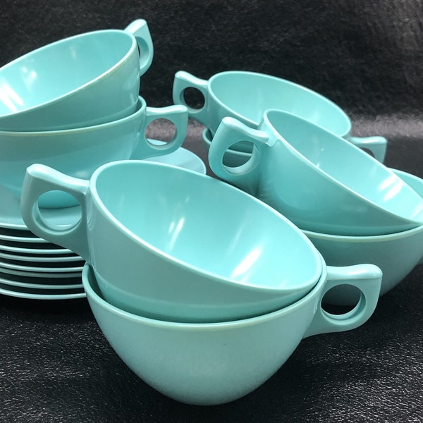 Vintage Aqua Melmac/Melamine  Teacups and Small Plates, Retro Dishes for , c. 1950's - 1960's