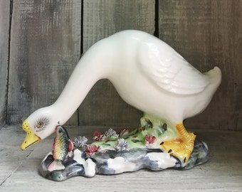 Vintage Porcelain Swan with Salmon Figurine/Statue with Base, Hand Painted in Japan, c. 1950's