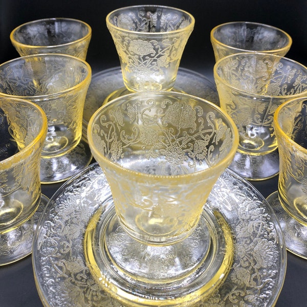 Original Hazel Atlas,  Yellow Florentine, Poppy Depression Glass Juice Glasses and Plates, Great as Dessert Sets, c. 1920's - 1930's