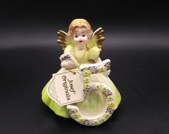 Vintage 5th Birthday Angel Figurine by Josef Originals in Lime Green & Yellow, c. 1980's