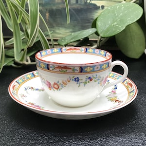 Antique Crown Sutherland Bone China Teacup and Saucer: Hand Painted Floral Garland