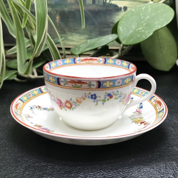 Antique Crown Sutherland English Bone China Teacup and Saucer, Hand Painted Colorful Floral Garland and Trim, c. Late 1800's - Early 1900's