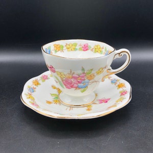 E.B. Foley English Bone China Teacup and Saucer: Hand Painted Floral, Gold Trim