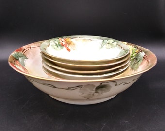 Antique MZ Austria Salad Bowl Set: Hand-Painted Porcelain, c. 1884-1909