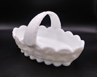 Westmoreland Glass Paneled Grape Vintage Milk Glass Small Basket, Candy Dish, c. 1940 - 1984