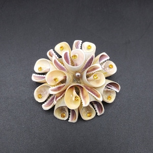 Handmade Shell Flower Brooch: Vintage Rhinestone Crystal, 1970s