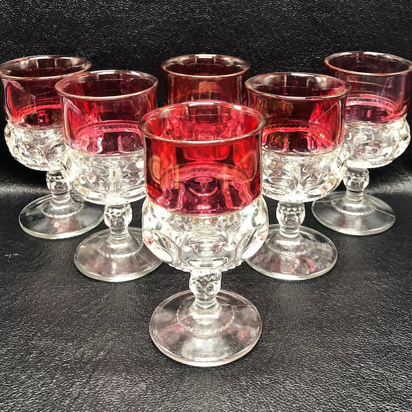 Set of Six Ruby Flashed Water/Wine Goblets, Kings Crown, Thumbprint Pattern by Indiana Glass Co., c. 1950's
