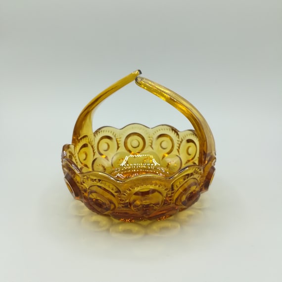 LE Smith Glass, Amber Moon and Stars Split Handle Basket Candy/Trinket Dish, 1960's