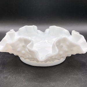 Vintage Fenton White Milk Glass Hobnail Ruffled Edge Bowl, c. 1950&#39;s