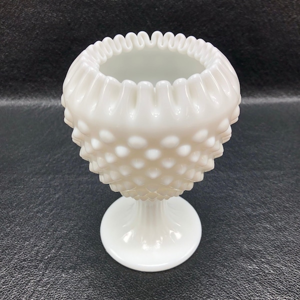 Rare Fenton Item, Crimped Edge Hobnail Milk Glass, Pedestal Ivy/Rose Bowl Vase, c. 1960's - 1970's