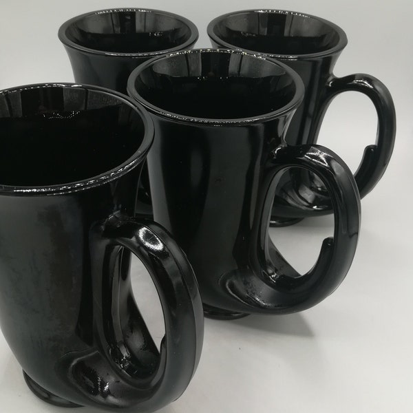 Vintage Indiana Glass Tiara Black Glass Horn Shaped Drinking Steins/Large Handled Mugs, c. 1970's Set of Four