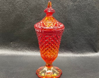 Amberina Glass Candy Jar by Indiana Glass Co. a Diamond Point Patterned Heirloom Piece, 1960's - 1970's