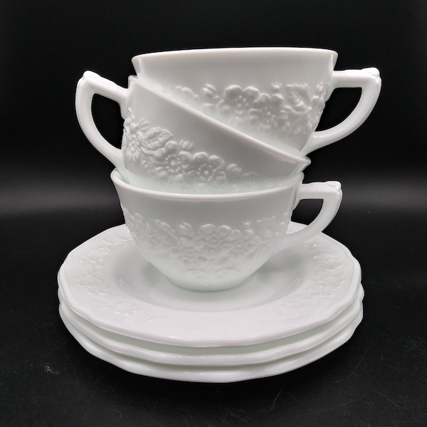 Orange Blossom-- Indiana Glass Vintage Milk Glass Tea Cups and Saucers, c. 1950's Sold Separately