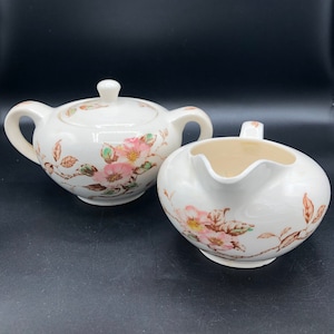 Nasco Pottery, Japan, &quot;Springtime&quot; Pink Dogwood Creamer and Sugar Bowl Set. c. 1940&#39;s